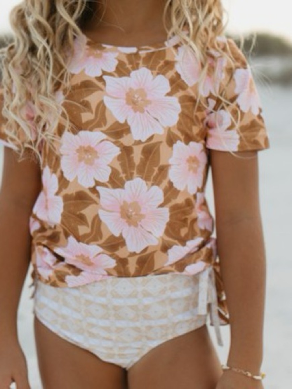 Girls Short-Sleeve Swim Wear in Brown & Pink Floral
